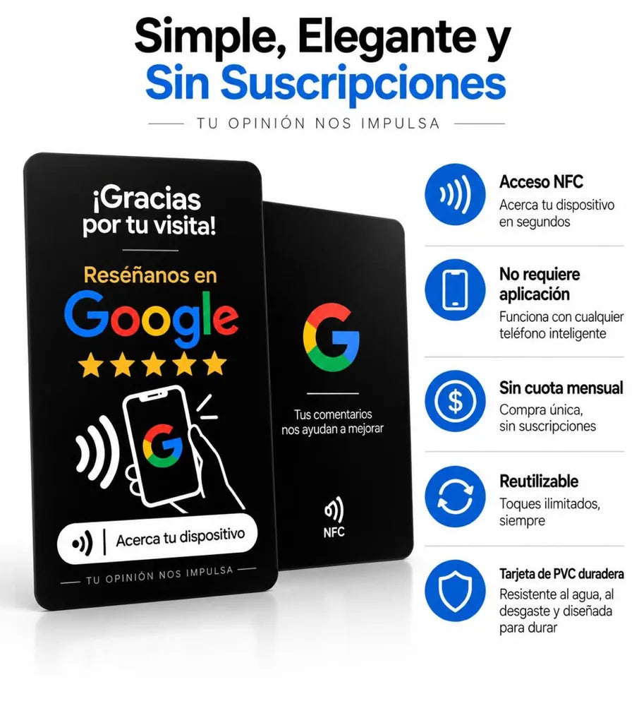 Tarjeta NFC de reseñas de Google, diseño negro