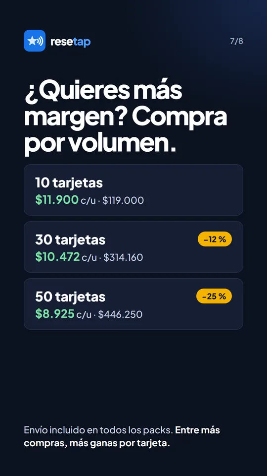 Descuentos por volumen: 30 tarjetas con 12 % y 50 tarjetas con 25 %